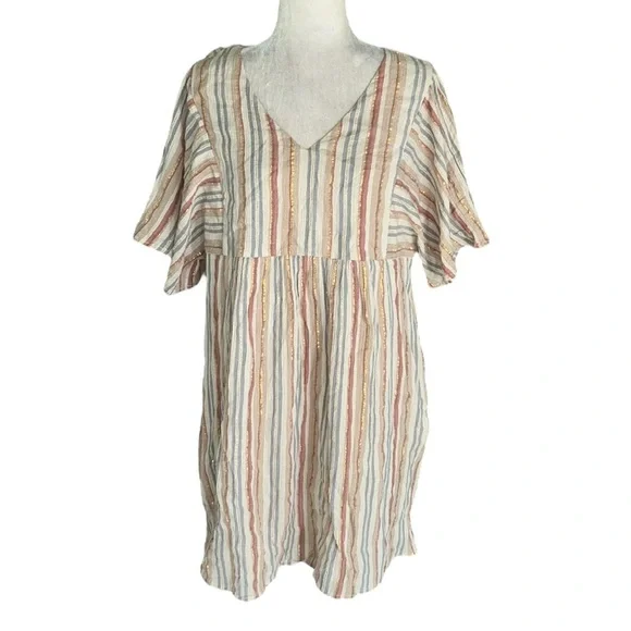 NWT Garnet Hill Lola Shimmering Metallic Gold StripedOrganic Cotton Dress - M